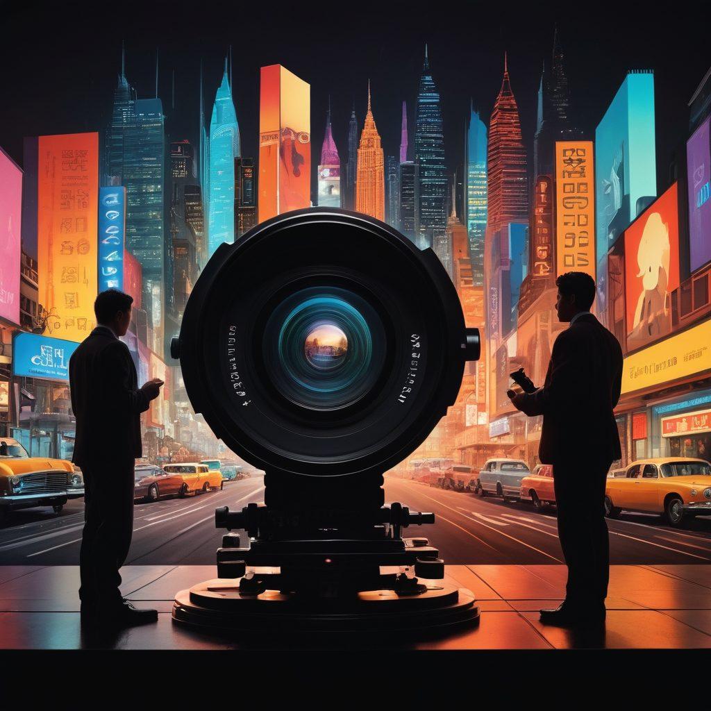 An intricate camera lens set against a backdrop of dynamic film reels, evolving from black-and-white to vibrant color. There are silhouettes of film directors and cinematographers in action, along with a futuristic cityscape representing the future of film. Detailed textures and interplay of light to signify the magic of cinematography. super-realistic. vibrant colors. cinematic style.