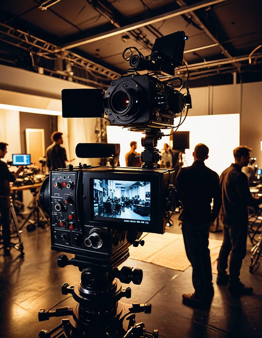 A dynamic scene of a film set with a director and cinematographer working together, surrounded by high-tech cameras, lenses, and lighting equipment. The backdrop features an array of monitors displaying various shots, with a film reel and storyboard in the foreground. Soft, studio lighting creates a professional and creative atmosphere. cinematic style. super-realistic. vibrant colors.