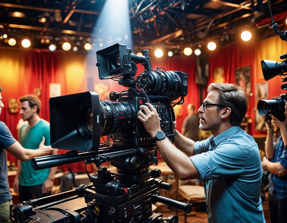 A dynamic scene showing a film set, with a director yelling 'Action', cameras rolling, and a cinematographer intensely adjusting the focus with a backdrop of bright spotlights and set pieces. Capture the magic and frenzy of movie-making with vibrant colors, framed in a super-realistic style.